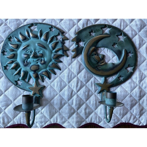 PartyLite Other - Vintage 1994 Partylite Sun and Moon Wall Sconce Pair Teal Verdigris Celestial